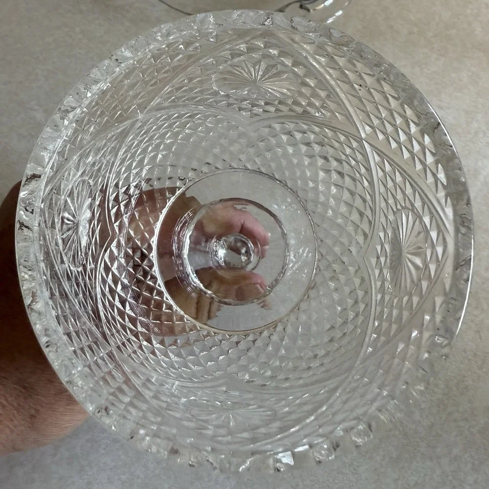 Vintage Cheese Butter Dish Round Clear Glass Plate With Cut Glass Dome Cover‎
